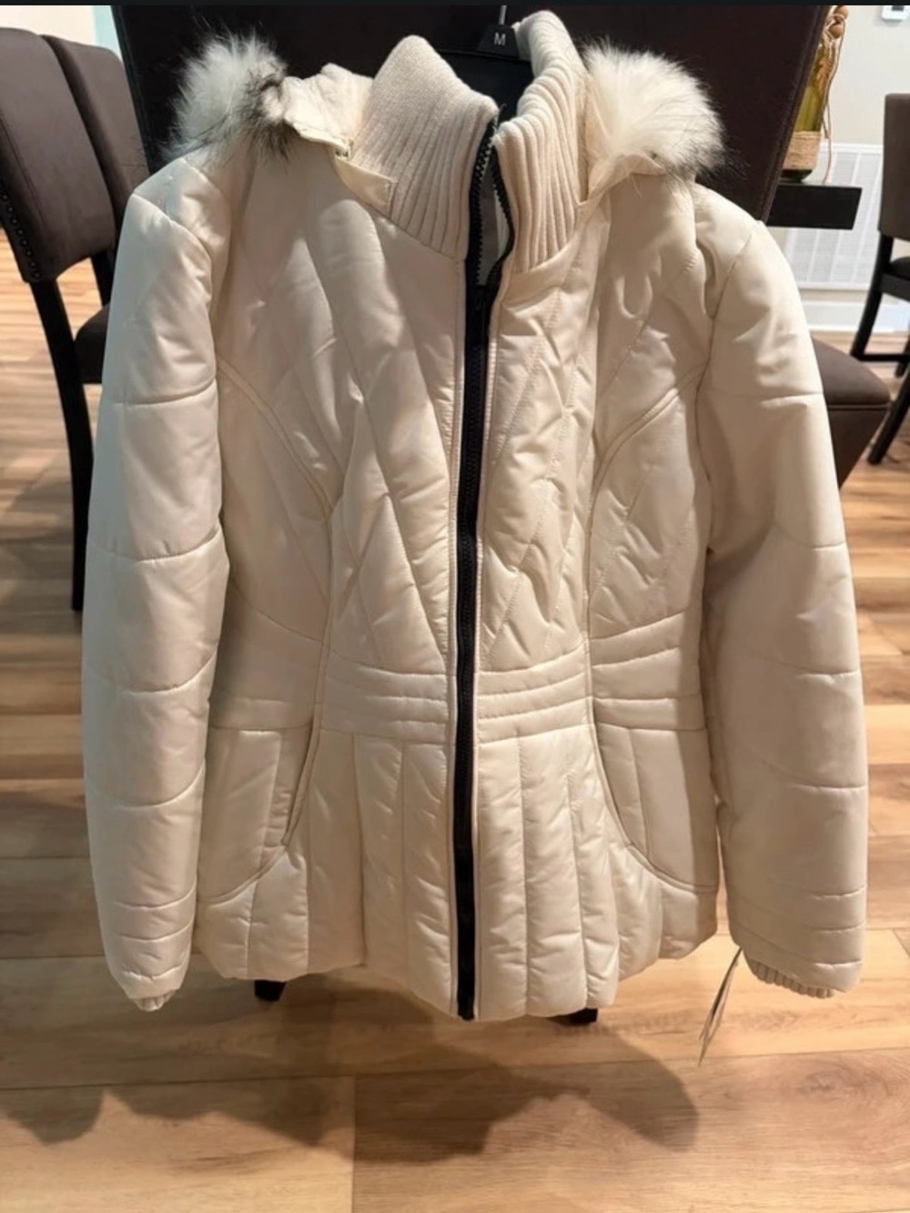 Cream Quilted Puffer Jacket with Faux Fur Trim Hood